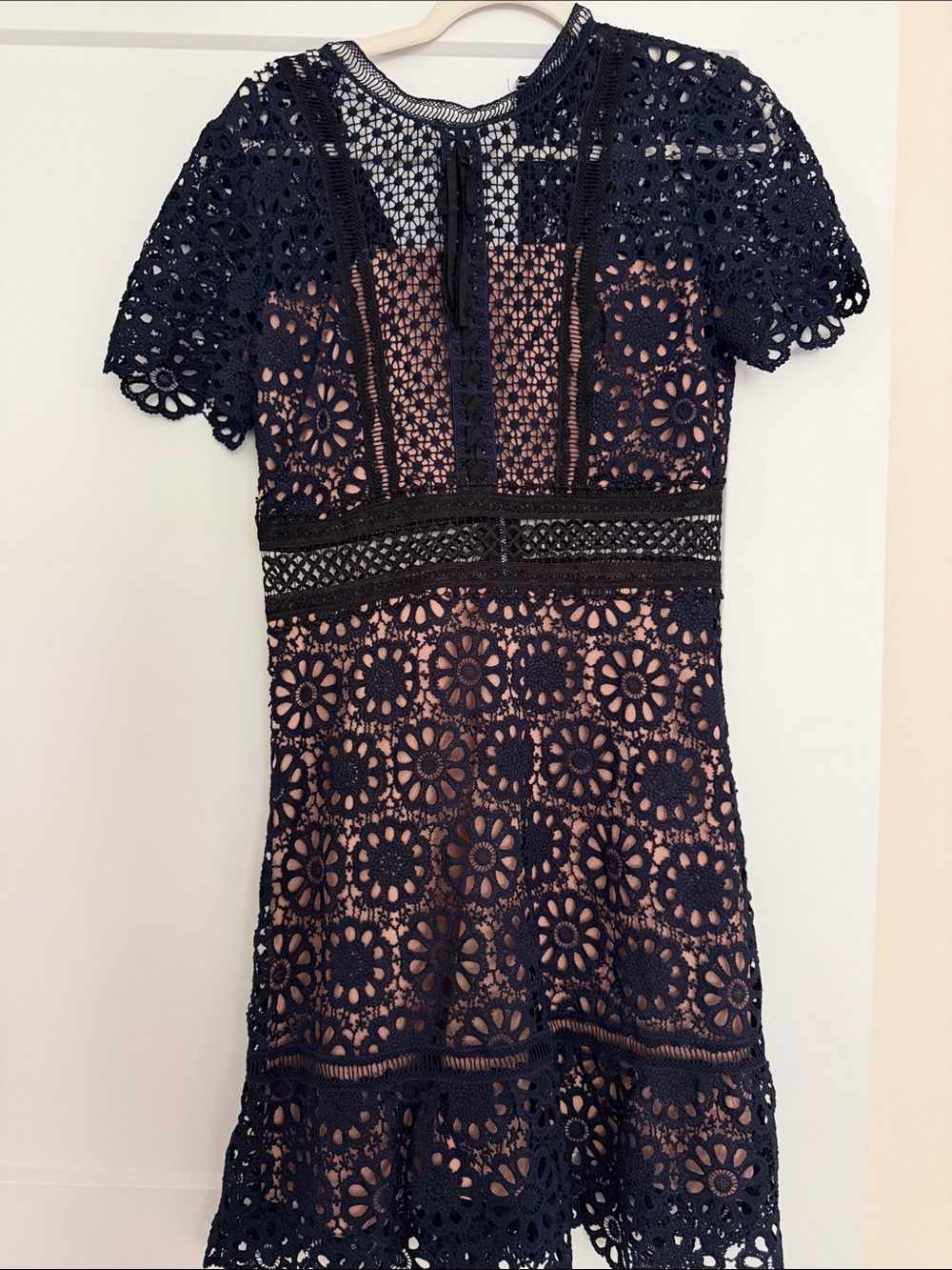 Aqua Navy Crochet Lace Overlay Dress with Nude Lining